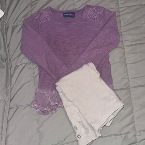 Purple Lace Trim Top and Gray Pants Set